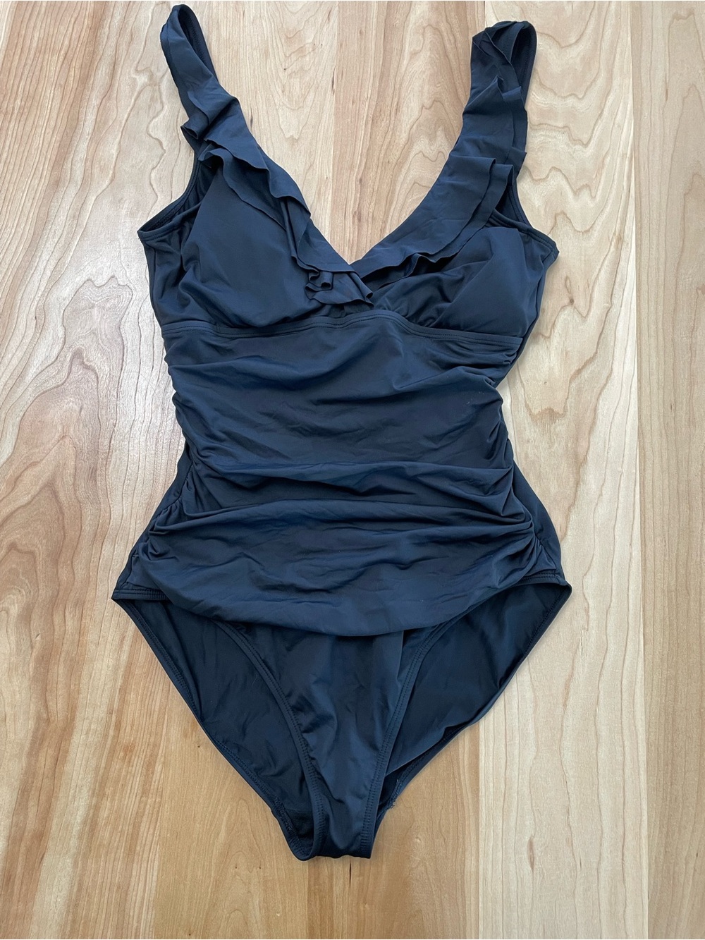 Lauren Ralph Lauren Beach Club Solid Black Ruffle Surplice One Piece Swimsuit 12
